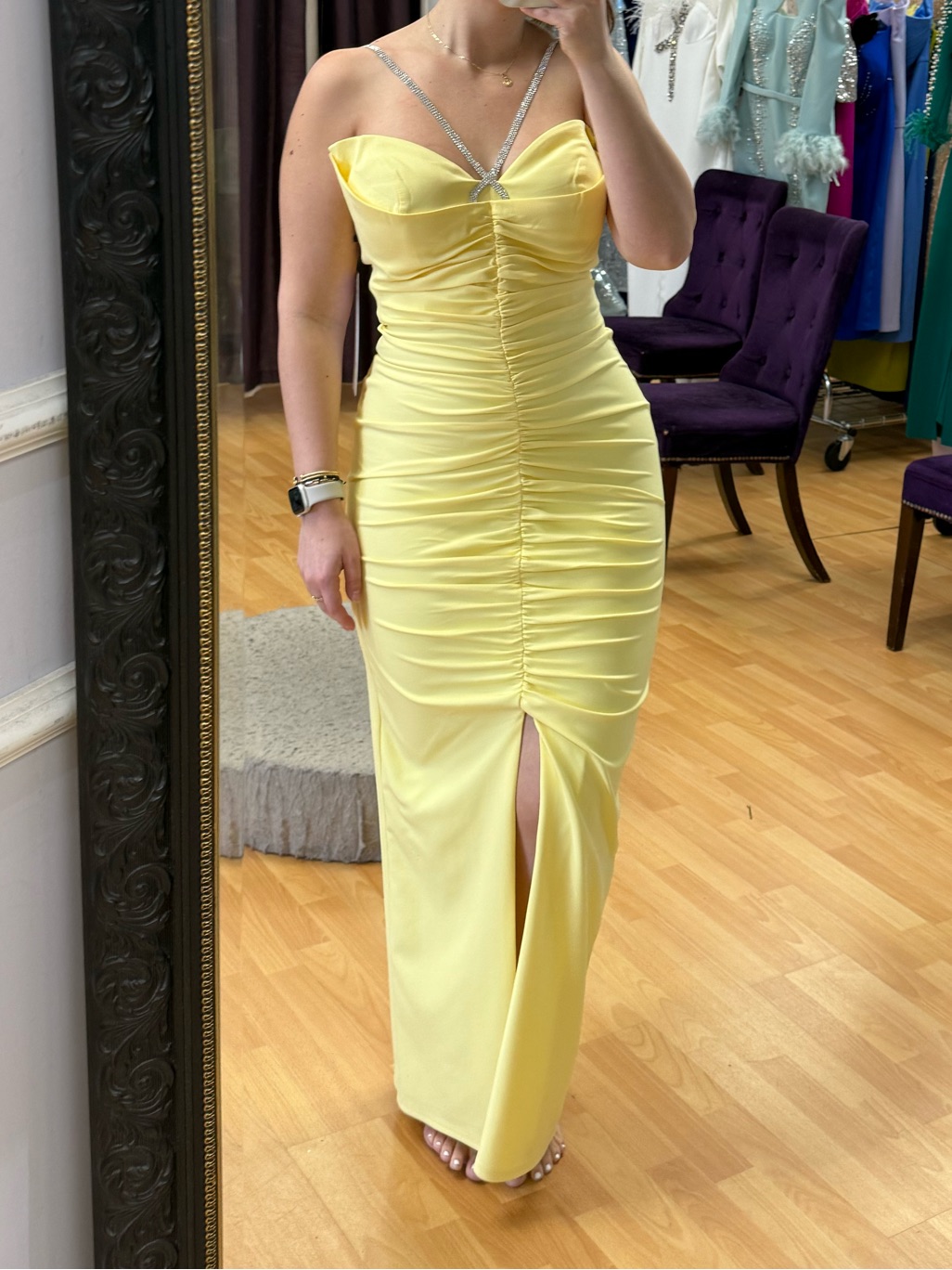 Yellow Ruched Strapless Evening Gown